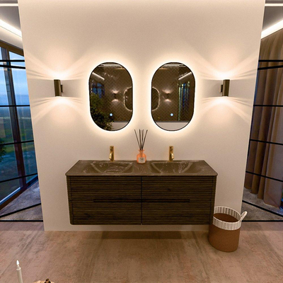 Mondiaz CIRO-DLUX Meuble de salle de bains - 140x45x50cm - Lavabo solid surface Lava - 2 vasques double - 2 trous de robinet - 4 tiroirs - Shadow