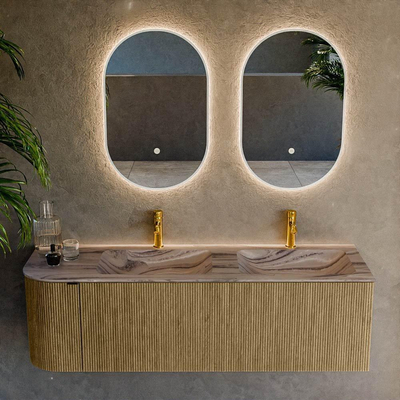 MONDIAZ KURVE-DLUX Meuble de salle de bains 145cm arrondi à gauche couleur Dusk avec 1 tiroir et 1 porte. Lavabo LEAF Double / Droite 2 trous de robinet Sombra.