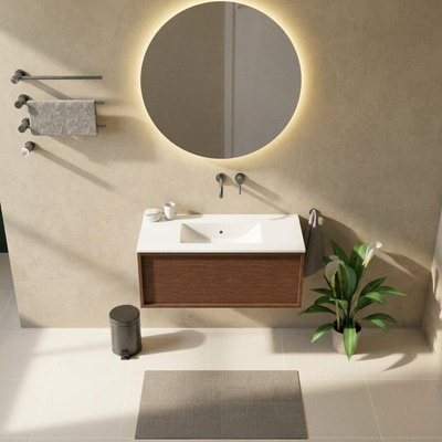Saniclass Holz Frame Ensemble de meuble de salle de bains - 100x45x42cm - Vygo lavabo en céramique blanc - 1 vasque - sans trou de robinet - 1 tiroir - walnut pure mat (bois)