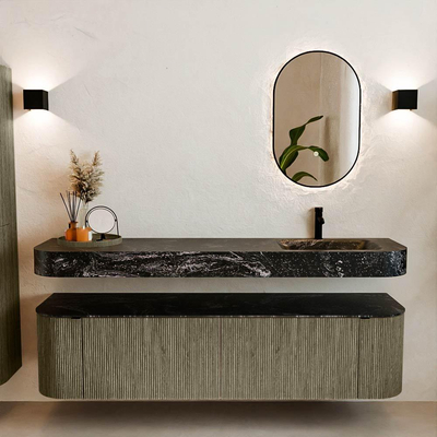 MONDIAZ THOR-DLUX 180cm meuble de salle de bains arrondi gauche + droite couleur Shadow avec 2 tiroirs et 2 portes. Vasque suspendue CLOUD Droite 1 trou de robinet couleur Lava.