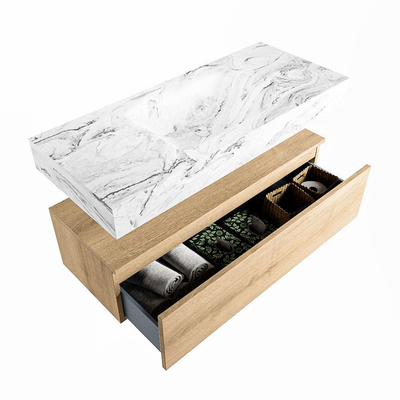 Mondiaz ALAN-DLUX Ensemble de meuble - 110cm - meuble Washed Oak mat - 1 tiroir - Lavabo Cloud Glace suspendu - vasque Centre - 0 trous de robinet
