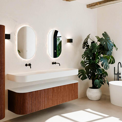 MONDIAZ THOR Meuble de salle de bains - 170cm - arrondi gauche + droite - couleur Ruby - 1 tiroir et 2 portes - Vasque suspendue CLOUD Double sans trou de robinet - couleur Talc