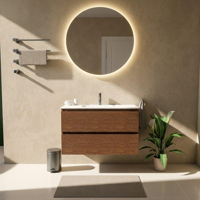 Saniclass Holz Pure Ensemble de meubles de salle de bains - 100x45x61.5cm - Vasque Flow en Solid Surface blanc - 1 vasque - 1 trou de robinetterie - 2 tiroirs - walnut pure mat (bois)