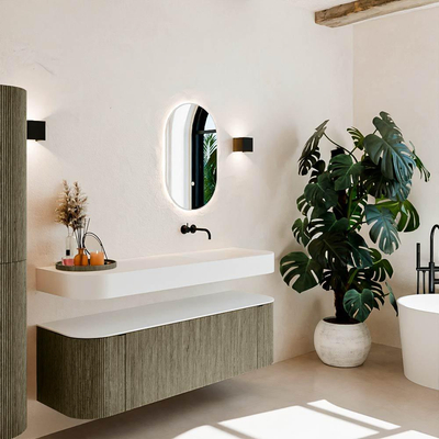 MONDIAZ THOR 150cm meuble de salle de bains arrondi gauche + droite couleur Shadow avec 1 tiroir et 2 portes. Vasque suspendue CLOUD Droite sans trou de robinet couleur Talc.