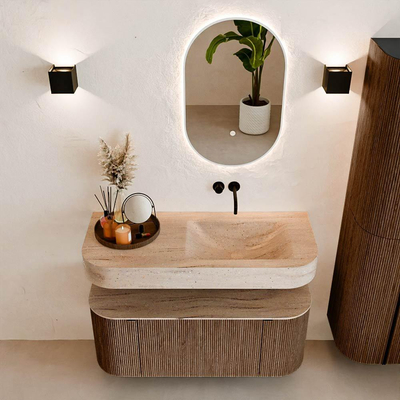 MONDIAZ THOR-DLUX 110cm badmeubel ronding links + rechts kleur Walnut met 1 lade en 2 deuren. Vrijhangende wastafel CLOUD Rechts zonder kraangat kleur Saba.
