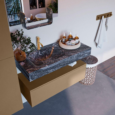 Mondiaz ALAN-DLUX Ensemble de meuble - 100cm - meuble Oro mat - 1 tiroir - Lavabo Cloud Lava suspendu - vasque Gauche - 1 trou de robinet