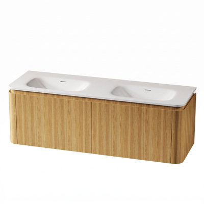 Royal Plaza Terra Ensemble meuble de salle de bains - 140x46.2x46cm - vasque en solid surface blanc mat - 2 vasques - sans trous de robinet - 4 tiroirs - sandwood (chêne clair)