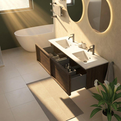 Saniclass Holz Frame Ensemble de meubles de salle de bains - 140x45x42cm - Lavabo Vygo en céramique blanc - 2 vasques - 2 trous de robinetterie - 2 tiroirs - chêne charcoal brillant (bois)