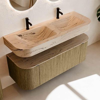 MONDIAZ THOR-DLUX 130cm meuble de salle de bains arrondi gauche + droite couleur Dusk avec 1 tiroir et 2 portes. Vasque suspendue CLOUD Double 2 trous de robinet couleur Arena.