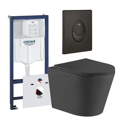 QeramiQ Dely Pack WC - réservoir encastré Grohe - plaque de déclenchement noir mat - WC ovale - abattant - noir mat