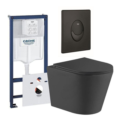QeramiQ Dely toiletset met Grohe inbouwreservoir mat zwarte bedieningsplaat ovaal en toilet met zitting mat zwart