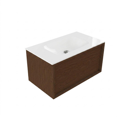 Saniclass Holz Frame Ensemble de meubles de salle de bains - 80x45x41.5cm - Flow lavabo en solid surface blanc - 1 vasque - sans trou de robinetterie - 1 tiroir - walnut pure mat (bois)