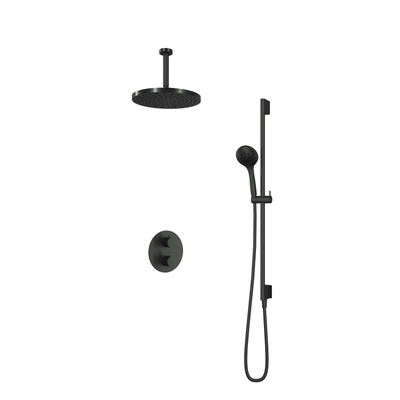 Hotbath Cobber ibs20a kit de douche thermostatique avec inverseur 2 voies avec 3 positions douche à main avec bras plafond 15cm avec tête ronde 30cm douche avec rail coulissant 90cm avec évacuation intégrée tapis noir