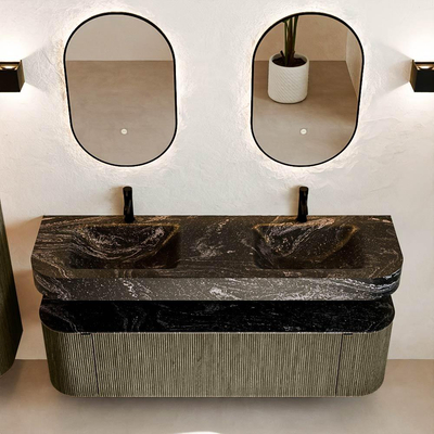 MONDIAZ THOR-DLUX 160cm meuble de salle de bains arrondi gauche + droite couleur Shadow avec 1 tiroir et 2 portes. Vasque suspendue CLOUD Double 2 trous de robinet couleur Lava.