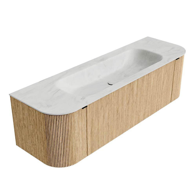 MONDIAZ KURVE-DLUX 150cm badmeubel met module 25 Len R kleur Oak met 1 lade en 2 deuren. Wastafel BIG MEDIUM midden zonder kraangat kleur Opalo.
