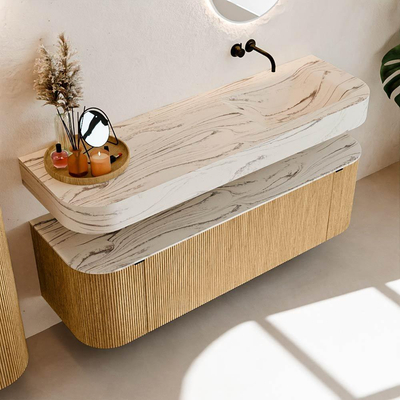 MONDIAZ THOR-DLUX 150cm badmeubel ronding links + rechts kleur Oak met 1 lade en 2 deuren. Vrijhangende wastafel CLOUD Rechts zonder kraangat kleur Nata.