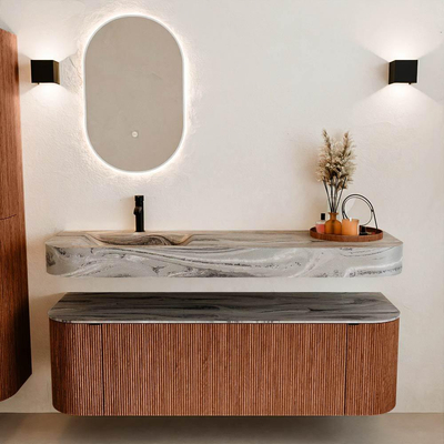 MONDIAZ THOR-DLUX 150cm meuble de salle de bains arrondi gauche + droite couleur Ruby avec 1 tiroir et 2 portes. Vasque suspendue CLOUD Gauche 1 trou de robinet couleur Sombra.