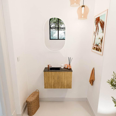 Mondiaz JOYA-DLUX 60cm toiletmeubel - kleur Oak - Wastafel FAYE positie Links 1 kraangat kleur Lava.