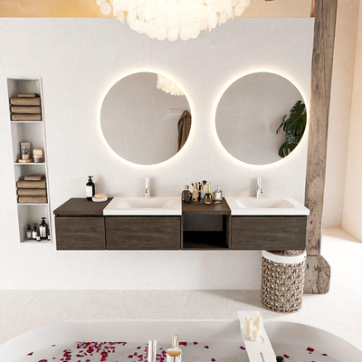 MONDIAZ BUKLA 200cm ensemble de meuble avec module ouvert 40 à droite couleur Marron Foncé avec 3 tiroirs. Lavabo CLOUD double 2 trous de robinet couleur Talc.