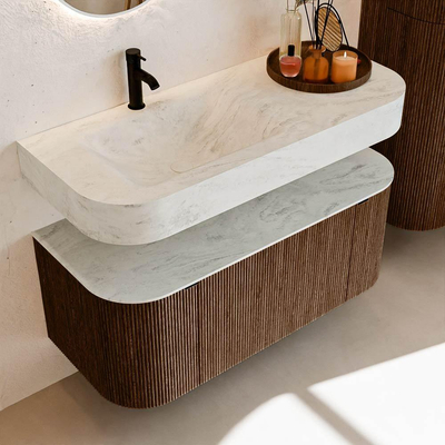 MONDIAZ THOR-DLUX Meuble de salle de bains 110cm arrondi gauche + droite couleur Walnut avec 1 tiroir et 2 portes. Vasque suspendue CLOUD Gauche 1 trou de robinet couleur Opalo.