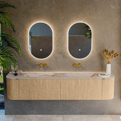 MONDIAZ KURVE-DLUX Meuble de salle de bains 200cm arrondi Gauche + Droite couleur Chêne avec 2 tiroirs et 2 portes. Lavabo STOR SMALL Double sans trou de robinet Nata.