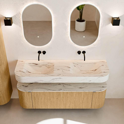 MONDIAZ THOR-DLUX 150cm meuble de salle de bains arrondi gauche + droite couleur Oak avec 1 tiroir et 2 portes. Vasque suspendue CLOUD Double sans trou de robinet couleur Nata.