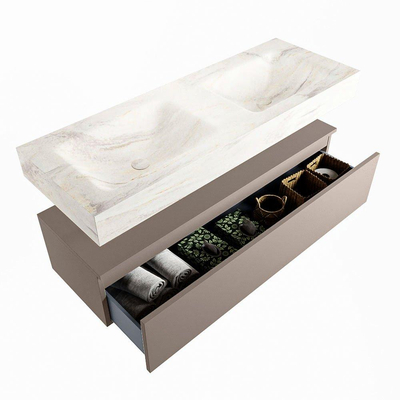 Mondiaz ALAN-DLUX Ensemble de meuble - 130cm - meuble Smoke mat - 1 tiroir - Lavabo Cloud Ostra suspendu - vasque gauche et droite - 0 trous de robinet
