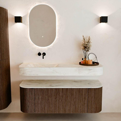 MONDIAZ THOR-DLUX Meuble de salle de bains 130cm arrondi gauche + droite couleur Walnut avec 1 tiroir et 2 portes. Vasque suspendue CLOUD Gauche sans trou de robinet couleur Ostra.