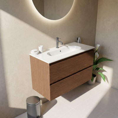 Saniclass Holz Pure Ensemble meuble de salle de bains - 100x45x73.9cm - lavabo Chaci en céramique blanc - 1 vasque - 1 trou de robinetterie - 2 tiroirs - noyer pure mat (bois)