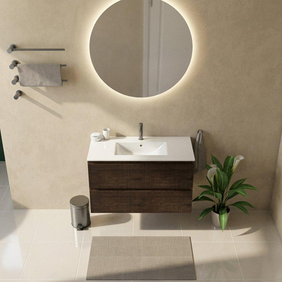 Saniclass Holz Atelier Ensemble meuble de salle de bains - 100x45x62cm - Lavabo Vygo en céramique blanc - 1 vasque - 1 trou de robinet - 2 tiroirs - chêne charcoal mat (bois)