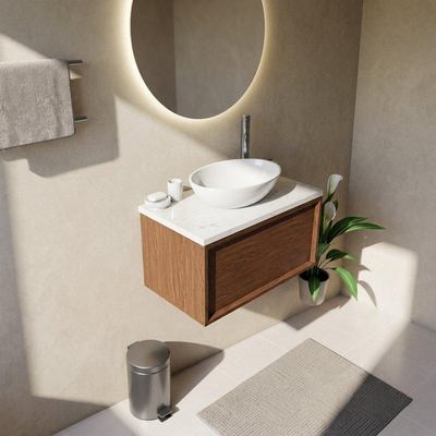 Saniclass Holz Frame Ensemble meuble de salle de bains - 80x45x43cm - Plan vasque en marbre Dia poli (blanc) - 1 trou de robinetterie - 1 tiroir - walnut pure mat (bois)