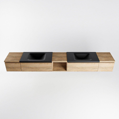 MONDIAZ BUKLA 280cm badmeubel met open module 40 midden kleur Washed Oak met 4 lades. Wastafel CLOUD dubbel 2 kraangaten kleur Urban.