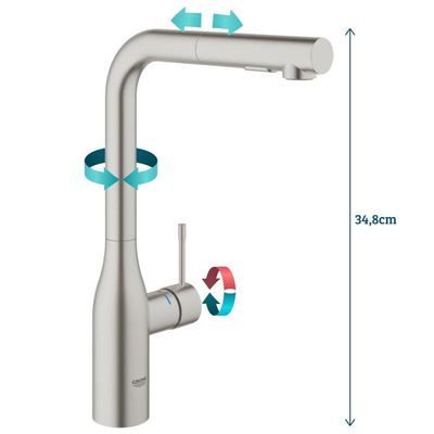 Grohe Essence New Keukenkraan - hoog - uittrekbare l uitloop - 2 straalsoorten - Brushed Supersteel (RVS)