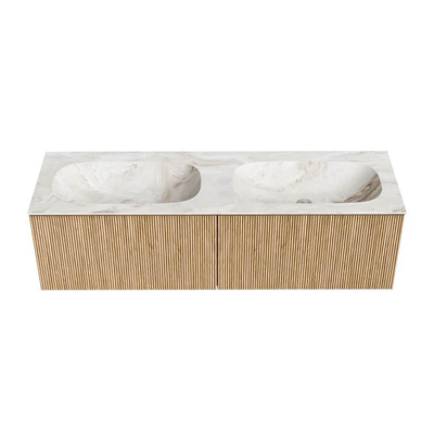 MONDIAZ KURVE-DLUX Meuble de salle de bains 150 cm couleur Oak avec 2 tiroirs. Lavabo STOR SMALL double 2 trous de robinet couleur Frappe.