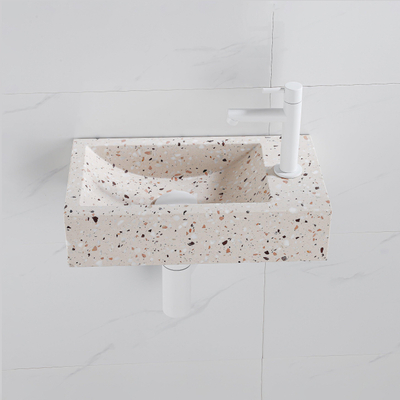 FugaFlow Eccelente Pietra Ensemble de fontaine - 40x22x10cm - trou de robinet à droite - robinet de fontaine mat blanc - bouchon de vidange - siphon abaissé - mat beige