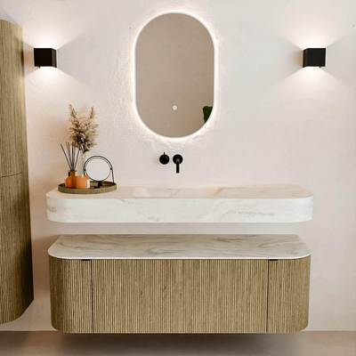 MONDIAZ THOR-DLUX 140cm meuble de salle de bains arrondi gauche + droite couleur Dusk avec 1 tiroir et 2 portes. Vasque suspendue CLOUD Milieu sans trou de robinet couleur Ostra.