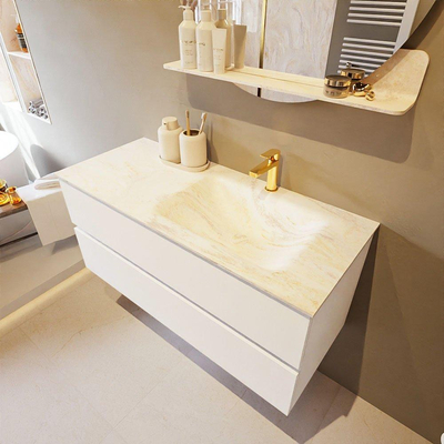 Mondiaz VICA-DLUX Ensemble de meuble de salle de bain - 110cm - meuble sous-vasque talc - 2 tiroirs - lavabo encastré cloud droite - 1 trou de robinet - version haute de 60cm - ostra