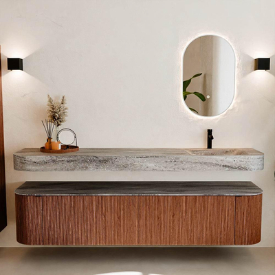 MONDIAZ THOR-DLUX 200cm meuble de salle de bains arrondi gauche + droite couleur Ruby avec 2 tiroirs et 2 portes. Vasque suspendue CLOUD Droite 1 trou de robinet couleur Oza.