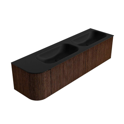 MONDIAZ KURVE meuble de salle de bains 165cm avec module 25 L couleur Walnut avec 2 tiroirs et 1 porte. Lavabo BIG SMALL double / droite sans trou de robinet Urban.