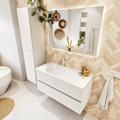 MONDIAZ VICA 100cm meuble sous lavabo Talc 2 tiroirs. Lavabo MOON gauche 1 trou de robinet, couleur Talc.