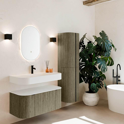 MONDIAZ THOR 100cm meuble de salle de bains arrondi gauche + droite couleur Shadow avec 1 tiroir et 2 portes. Vasque suspendue CLOUD Milieu 1 trou de robinet couleur Talc.