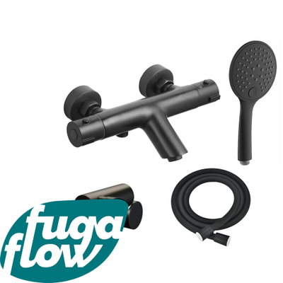 FugaFlow Efficiente Sobrado thermostatische bad-/douchekraan met handdouchehouder, doucheslang en 3-standen handdouche mat zwart -
