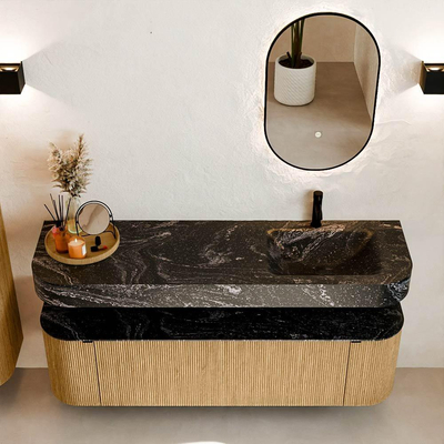 MONDIAZ THOR-DLUX 160cm meuble de salle de bains arrondi gauche + droite couleur Oak avec 1 tiroir et 2 portes. Vasque suspendue CLOUD droite 1 trou de robinet couleur Lava.