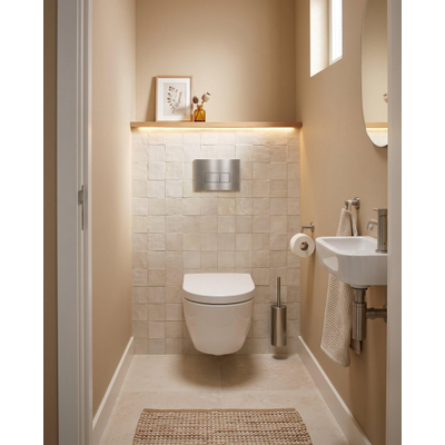 QeramiQ Dely Swirl Compact Toiletset - inbouwreservoir Geberit UP320 - met Burda frame - 25mm zitting - metalen bedieningsplaat RVS - rechthoekige knoppen - glans wit