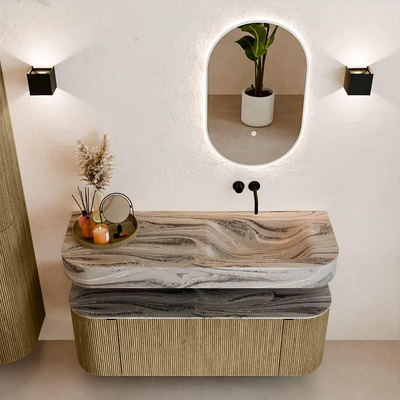 MONDIAZ THOR-DLUX 130cm meuble de salle de bains arrondi gauche + droite couleur Dusk avec 1 tiroir et 2 portes. Vasque suspendue CLOUD droite sans trou de robinet couleur Sombra.