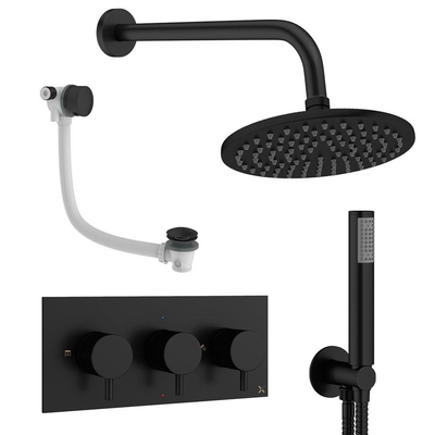 Crosswater MPRO ensemble de douche pluie encastré – douche de tête Ø 20 cm – douchette bâton – 3 leviers – vidage de baignoire – noir mat