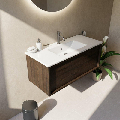 Saniclass Holz Frame Ensemble meuble de salle de bains - 100x45x42cm - Lavabo Vygo en céramique blanc - 1 vasque - 1 trou de robinetterie - 1 tiroir - chêne charcoal mat (bois)