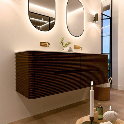 Mondiaz CIRO-DLUX Meuble de salle de bains - 150x45x50cm - Plan vasque en solid surface Opalo - 2 vasques Double - sans trous de robinetterie - 4 tiroirs - Noyer