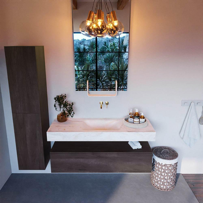 Mondiaz ALAN-DLUX Ensemble de meuble de salle de bain - 130x46cm - 1 tiroir - vasque suspendue - sans trous de robinetterie - 1 au centre - Dark Brown (chêne foncé)