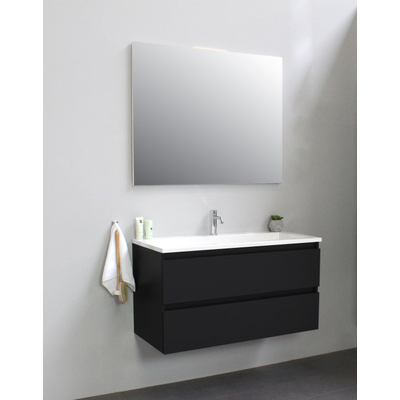Basic Bella Meuble salle de bains avec lavabo acrylique avec miroir Blanc 100x55x46cm 1 trou de robinet Noir mat